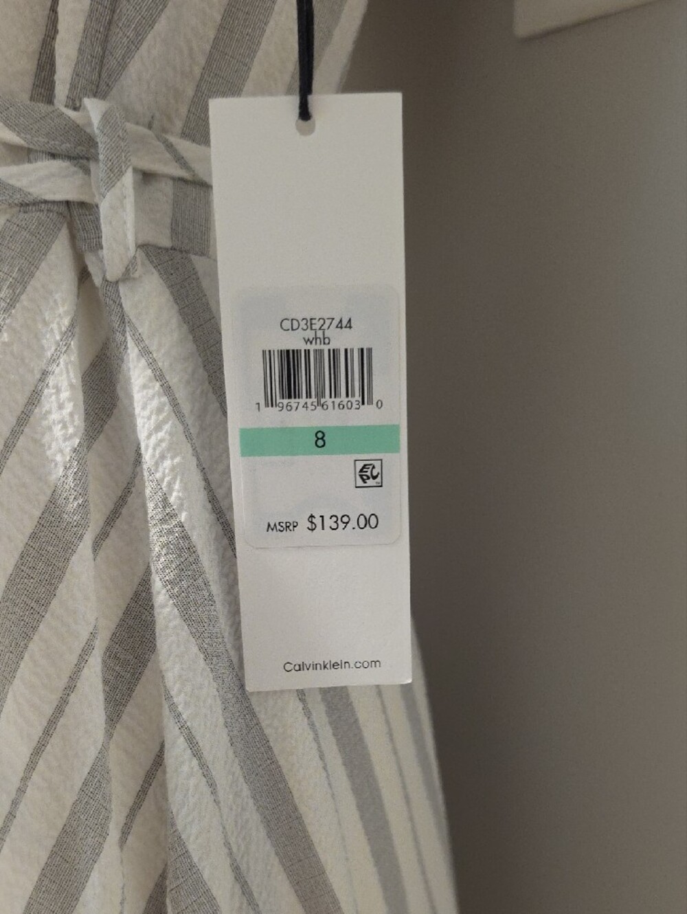 Calvin Klein White and Light Gray Striped Wrap Maxi Dress with Tie Waist - Picture 2 of 16